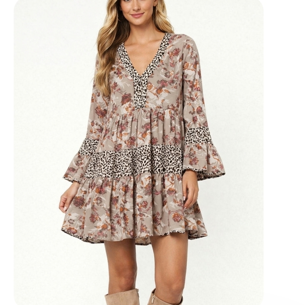 Entro Mixed Print Babydoll Floral Leopard Trim Bell Sleeve Boho Dress M